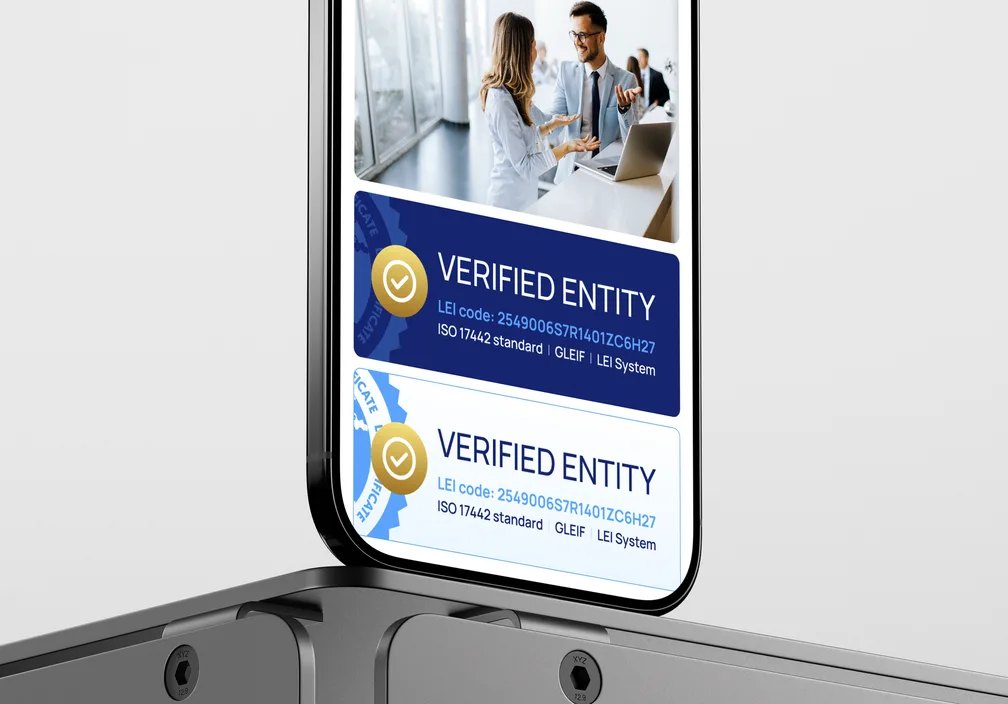 Selos de verificação LEI exibidos num telemóvel