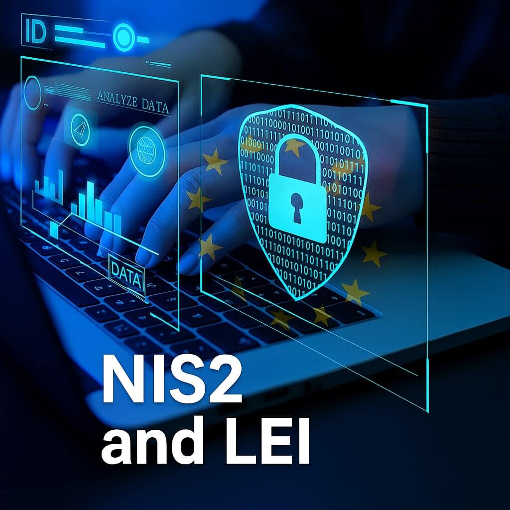 Mãos a digitar num portátil com gráficos de cadeado digital e bandeira da UE, simbolizando a conformidade com a Diretiva NIS2 e o código LEI.
