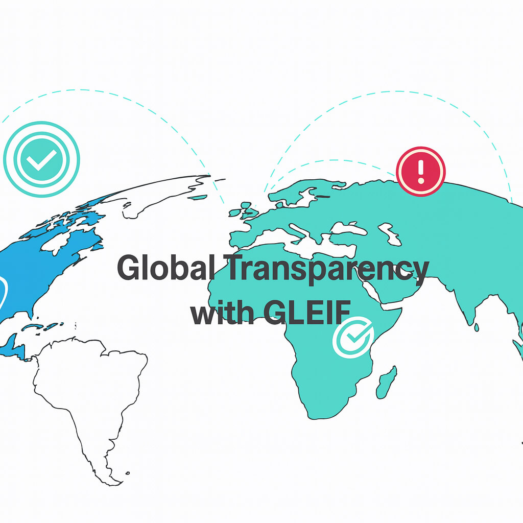 Ilustração do mapa mundial mostrando as ligações globais e o texto 'Transparência Global com a GLEIF', simbolizando a transparência financeira e a identificação fiável de entidades