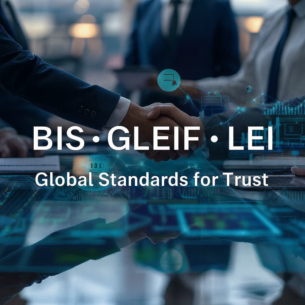 Aperto de mão com sobreposição de rede digital e texto BIS • GLEIF • LEI – Padrões Globais para a Confiança