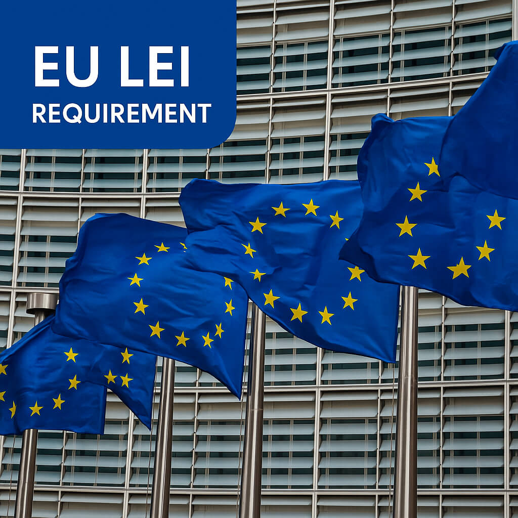 Requisito LEI da UE – bandeiras da União Europeia em frente ao edifício da Comissão, simbolizando as obrigações do Identificador de Entidade Jurídica na UE