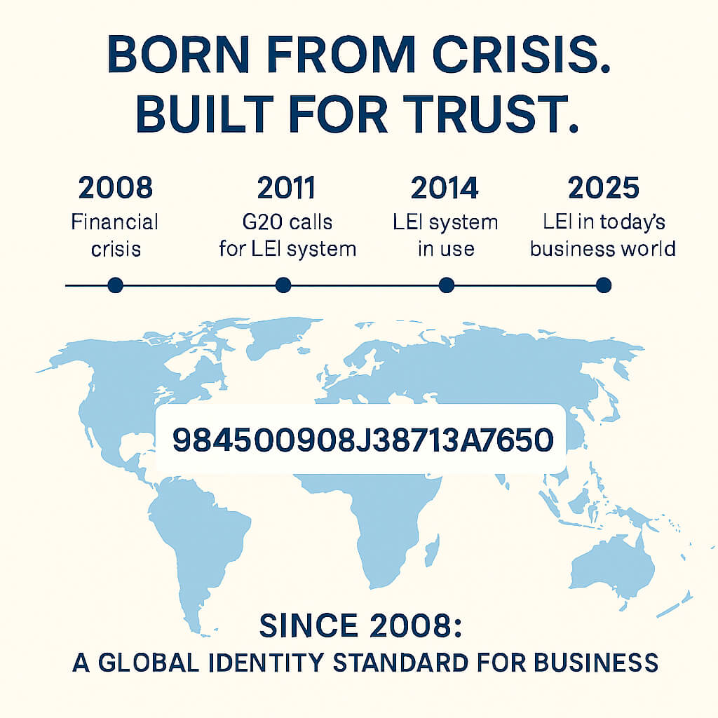 Linha do tempo da história do LEI – desde a crise financeira de 2008 até hoje, mostrando o Identificador de Entidade Jurídica como um padrão global de identidade para empresas