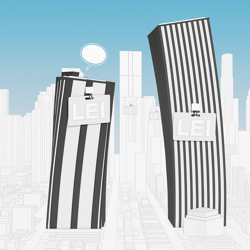 Ilustração de edifícios empresariais com distintivos LEI, simbolizando a utilização do Identificador de Entidade Legal no setor empresarial