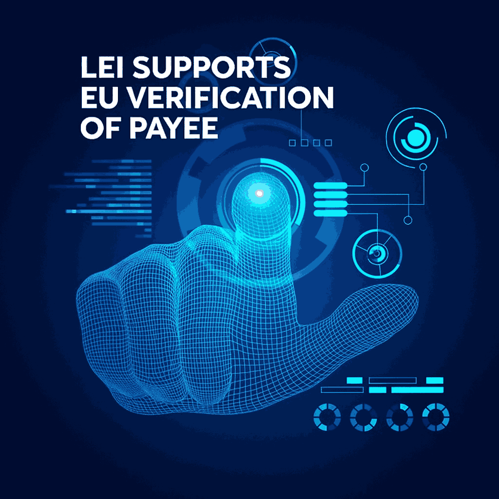 O LEI apoia a Verificação de Beneficiários da UE – ilustração digital que mostra como o Identificador de Pessoa Coletiva melhora a verificação de pagamentos e a transparência em toda a UE.