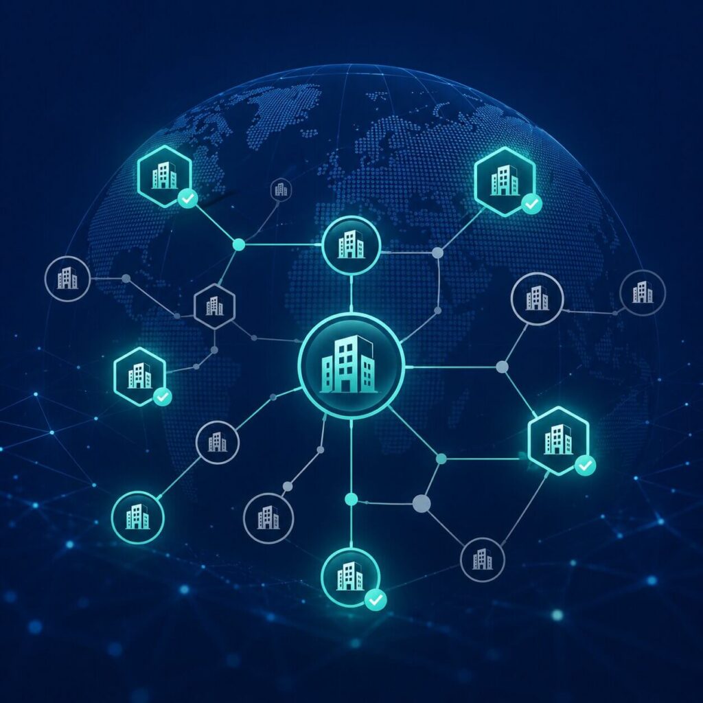 Rede global de entidades jurídicas verificadas e não verificadas ilustrando o processo KYB através de códigos LEI