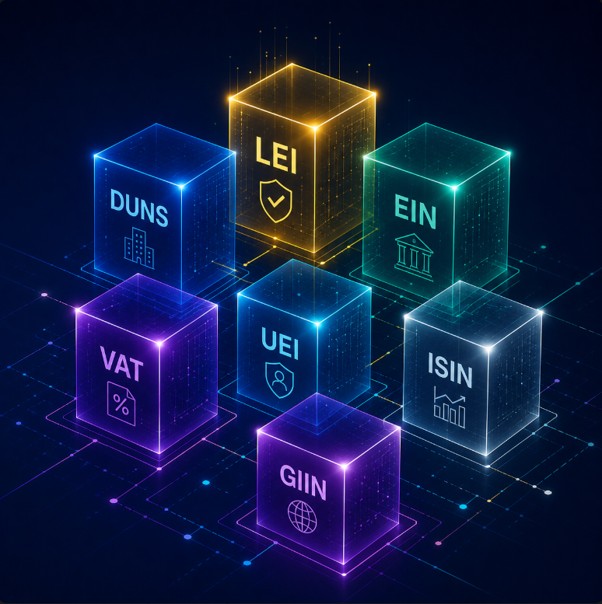 Comparação de identificadores empresariais: LEI, ISIN, DUNS, EIN e número de IVA explicados